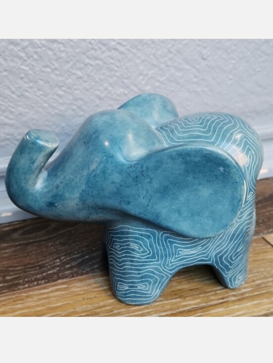 Afrikiko Other - Afrikiko Soapstone Elephant Teal Blue Green White Abstract Circles
